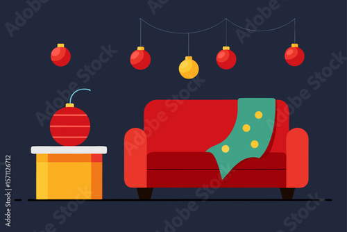 Modern Living Room Decorated With Red And Gold Christmas Decor
