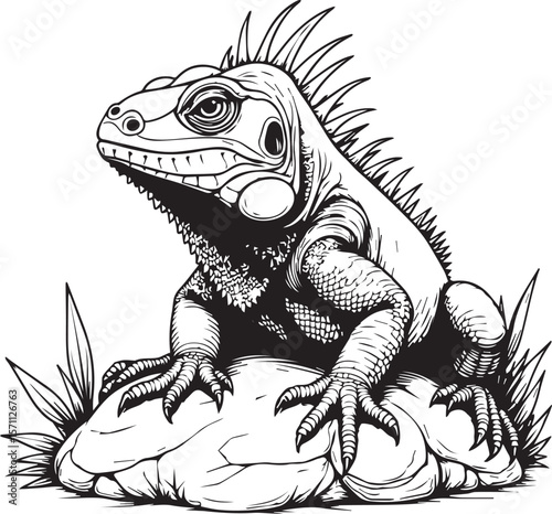 Iguana's Posed Majesty: An iguana, perched on a textured rock amid subtle botanical details, stands as a symbol of reptilian grace and evolutionary resilience.