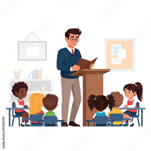 A teacher stands at a podium, reading a book to a group of attentive elementary school children in a classroom setting.
