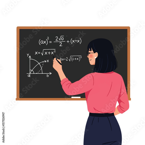 A woman with glasses writing math equations on a blackboard with a piece of chalk.