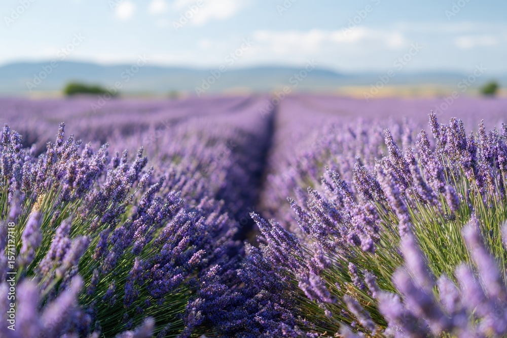 Obraz premium Lavender fields stretch endlessly under clear blue sky, showcasi