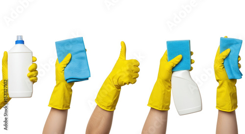 Hands in gloves holding cleaning supplies isolated on transparent background