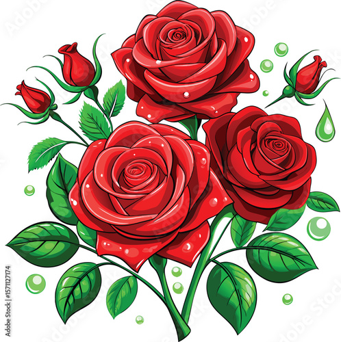 Vibrant bouquet of red roses with green leaves and water droplets