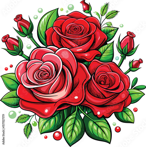 Vibrant bouquet of red roses with green leaves and water droplets