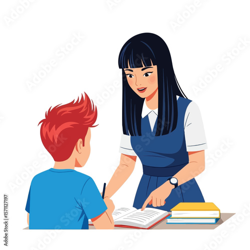 A teacher assists a student with their schoolwork, pointing at a book on a desk.