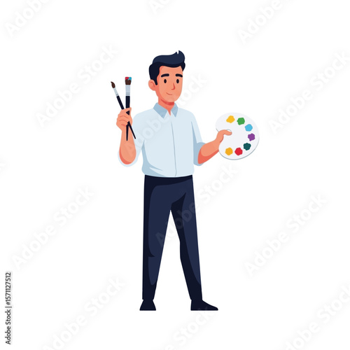 A man holding paintbrushes and a palette with colorful paints, ready to create artwork.