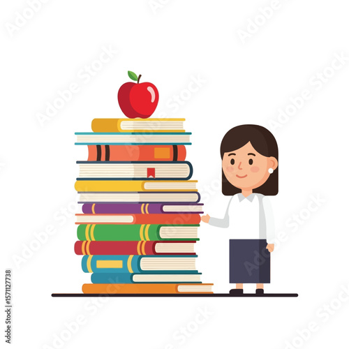A smiling teacher stands beside a large stack of colorful books topped with a red apple.