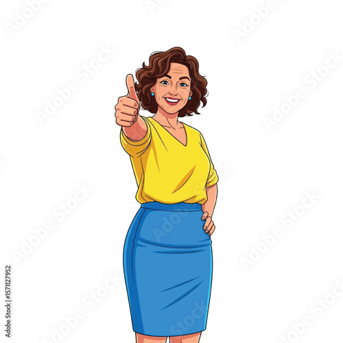 Smiling woman in yellow top and blue skirt gives a thumbs up.