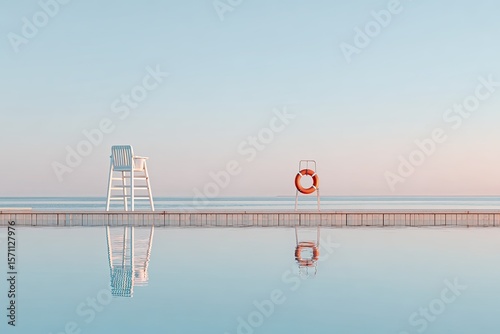 Tranquil swimming pool scene with lifeguard stand and vibrant bu