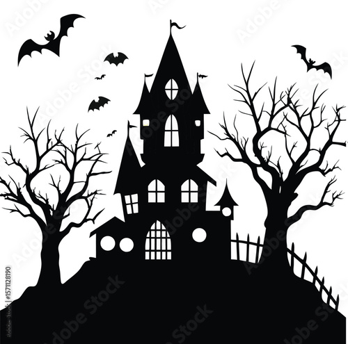 Spooky house silhouette, creepy house silhouette, simple haunted house silhouette.