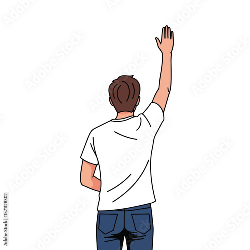 Rear view illustration of a person raising a hand.
