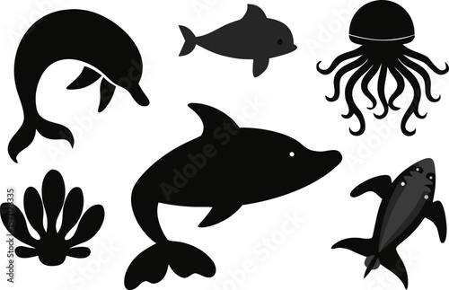 Ocean Animal Silhouettes – Set of 6 Marine Creatures in Vector Style