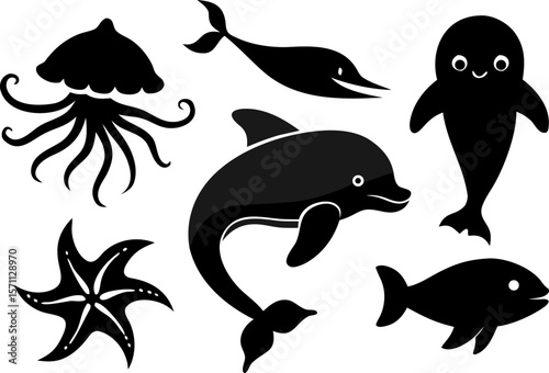 Ocean Animal Silhouettes – Set of 6 Marine Creatures in Vector Style