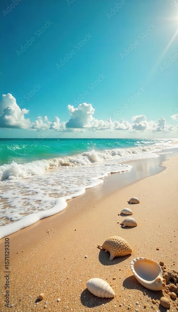 Serene Tropical Beach Turquoise Waves Gently Lap the Shore, Sun-Drenched Sand, Seashells Scattered ? Perfect Summer Escape Serene Tropical Beach Turquoise Waves Gently Lap the Shore, Sun-Drenched Sand, Seashells Scattered ? Perfect Summer Escape