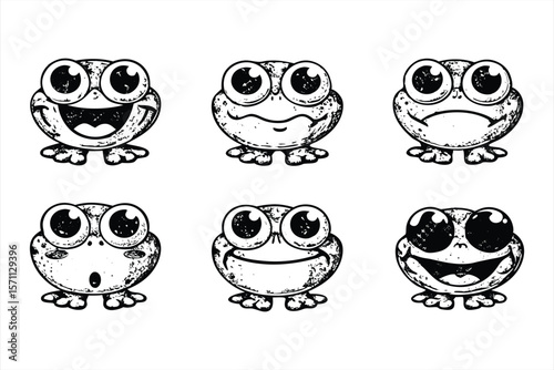 Collection of six cartoon frogs with different emotional expressions isolated on white background, showcasing a range of feelings