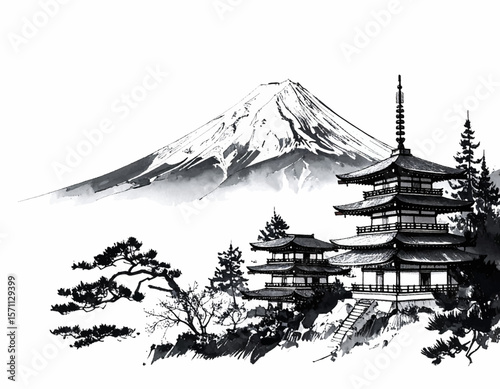 Mt. Fuji with temple in sumi-e style. Japanese pagoda and mountain ink art. Traditional Fuji brush painting. Monochrome Fuji and pagoda view. Ink landscape with Japanese shrine