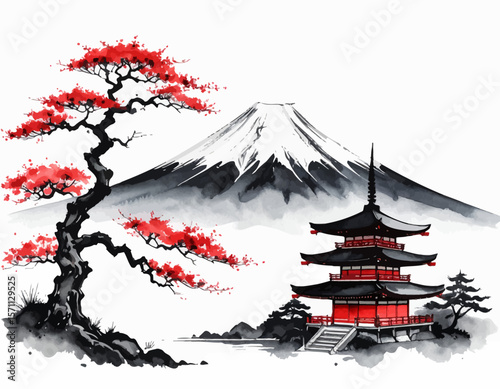 Fuji mountain with fall colors. Pagoda and autumn tree painting. Oriental ink scene with Fuji. Mt. Fuji sumi-e and red foliage. Japan temple and maple tree
