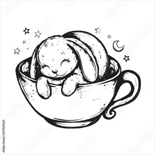 Cute bunny sleeps peacefully in a teacup surrounded by stars and a crescent moon, isolated on white background in a dreamy illustration