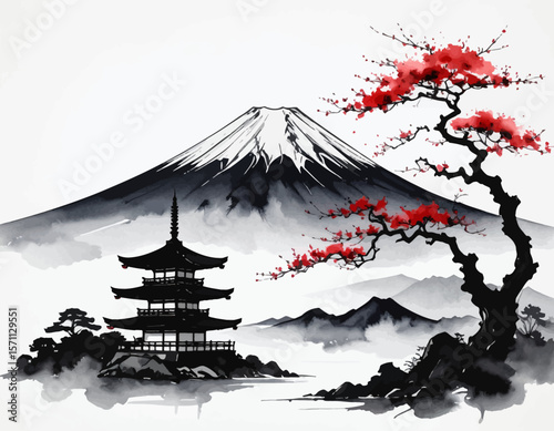 Monochrome Fuji and red accent. Ink art of pagoda and mountain. Red maple tree and Fuji artwork. Classic Japan mountain scenery. Brush painting of sacred Fuji