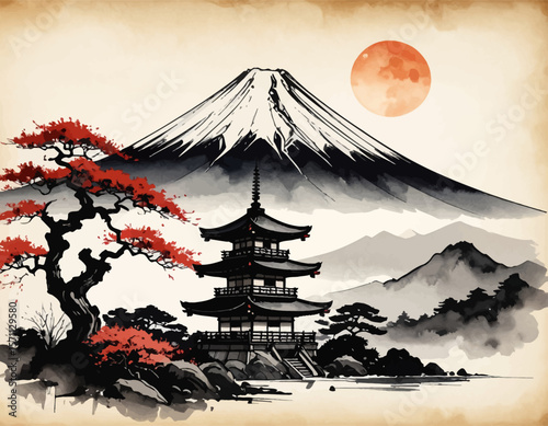 Vintage Japan art with Fuji and red maple. Mt. Fuji and temple in traditional ink style. Retro Japanese scene with sun and pagoda. Classic Japan landscape with red maple tree. Zen Fuji mountain view