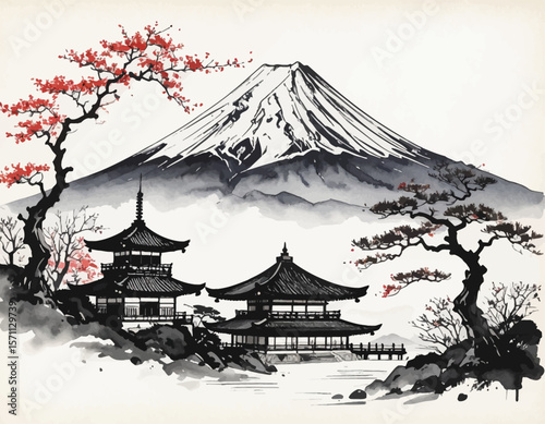 Mt. Fuji and pagoda in Japanese ink painting. Traditional Japan with temple and Fuji view. Sumi-e art of Fuji and historic temples. Ink style Japanese landscape with Fuji