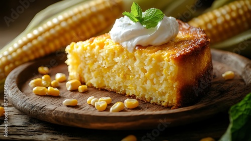 A slice of moist and fluffy pan de elote, a sweet corn cake, served on a rustic wooden plate,