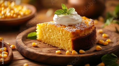 A slice of moist and fluffy pan de elote, a sweet corn cake, served on a rustic wooden plate,