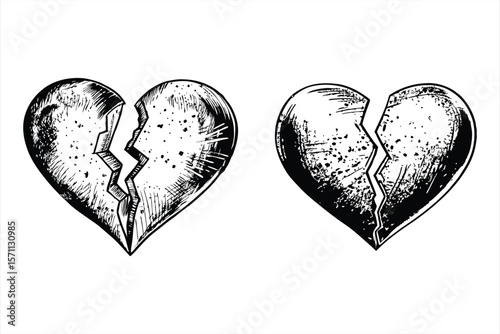 Broken hearts are illustrated in black and white isolated on white background, symbolizing heartbreak and emotional pain