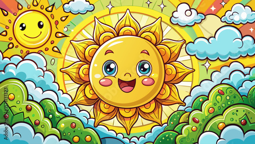Cute Sun and Cloud Cartoon Illustration