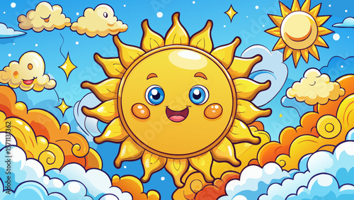 Cute Sun and Cloud Cartoon Illustration
