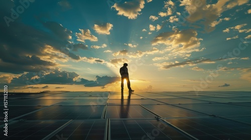 Technology solar cell, Engineer service check installation solar cell on the roof of factory on the morning. Silhouette technician inspection and repair solar cell on the roof of factory.