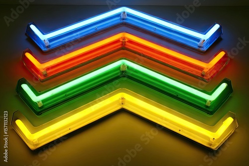 Colorful neon arrow shapes,  stacked in a design