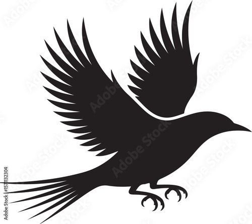 Black silhouette of a bird in flight with wings spread wide white flying