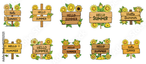 A set of wooden sign with “HELLO SUMMER” text, decorated with sunflowers and lemons