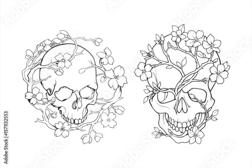 Skulls are entwined with cherry blossoms, isolated on white background, symbolizing the ephemeral beauty of life and the acceptance of mortality