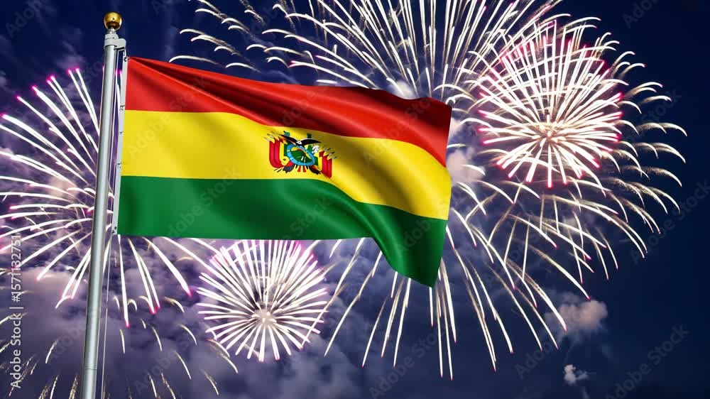 National flag independence state Bolivia, background fireworks. AI Generative