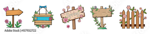 Rustic Spring Wooden Clipart Set – Vintage Wood Signs, Floral Wreaths, and Seasonal Decor Elements