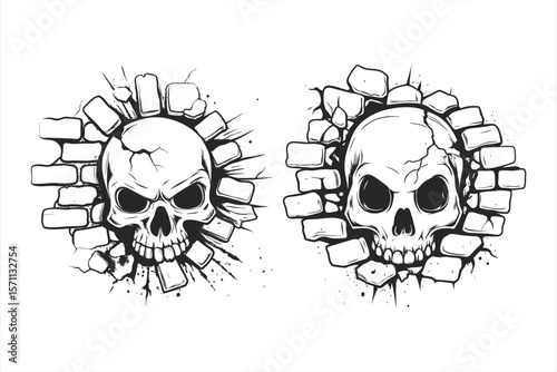 Skulls emerging from cracked brick walls isolated on white background, symbolizing destruction and the passage of time