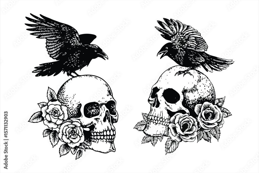 Fototapeta premium Skulls with ravens and roses are isolated on white background, illustrated in a vintage engraving style for a gothic theme