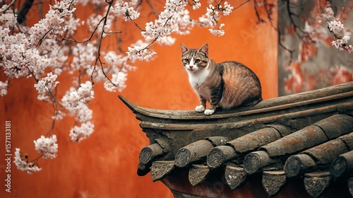 A cat sits on the eaves of an ancient Chinese building, with cherry blossoms blooming in spring and an orange-red wall behind it. The photo uses a telephoto lens