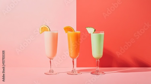 mixed colors smoothies, different glass shapes, food photography, minimalistic vintage setup on pale red background, green, orange and white color fusion
