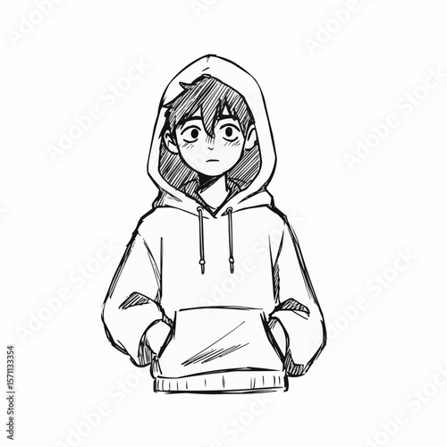 Young sketch character wearing hoodie and looking curious  