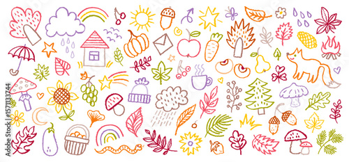 Kid autumn. Children fall leaf background. Child autumn crayon leaves hand drawn icon. Back to school fall pencil vector. Cute icon, maple tree, cloud, forest house, oak acorn. Doodle illustration bg