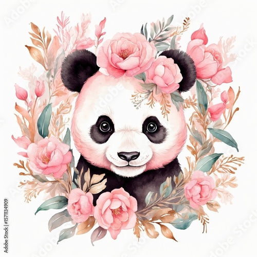 Cute panda surrounded by pink flowers in a soft watercolor style showcasing beauty and nature