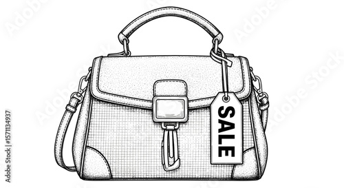 Shopping bag with blank pricing tag on white background — hand-drawn vintage sketch vector illustration about discount, sale, Black Friday