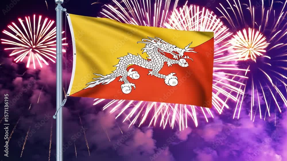 National flag independence state Bhutan, background fireworks. AI Generative