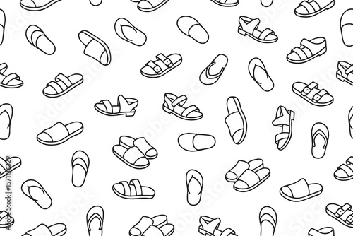 Seamless pattern of icons of house shoes, slippers, flip flops, sandals. Fashionable pattern on white background. Vector