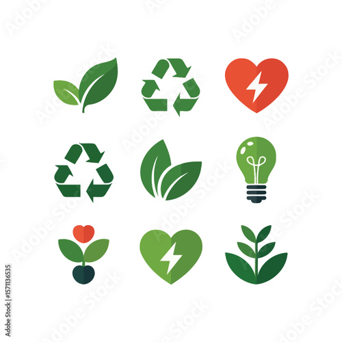 Modern Eco Energy & Sustainability Icon Set – Green Technology, Renewable Power & Environmental Symbols