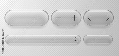 Modern design elements, buttons or frames in liquid glass style with search icon, toggle arrows and plus and minus icons. Glass morphism. Vector illustration.