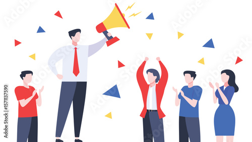 Man with megaphone announces to cheering crowd amidst falling confetti in celebration scene illustration